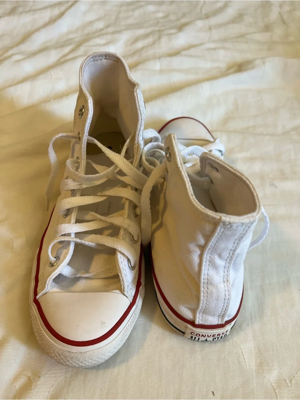 Converse White High Top Sneakers with Red and Blue Stripes